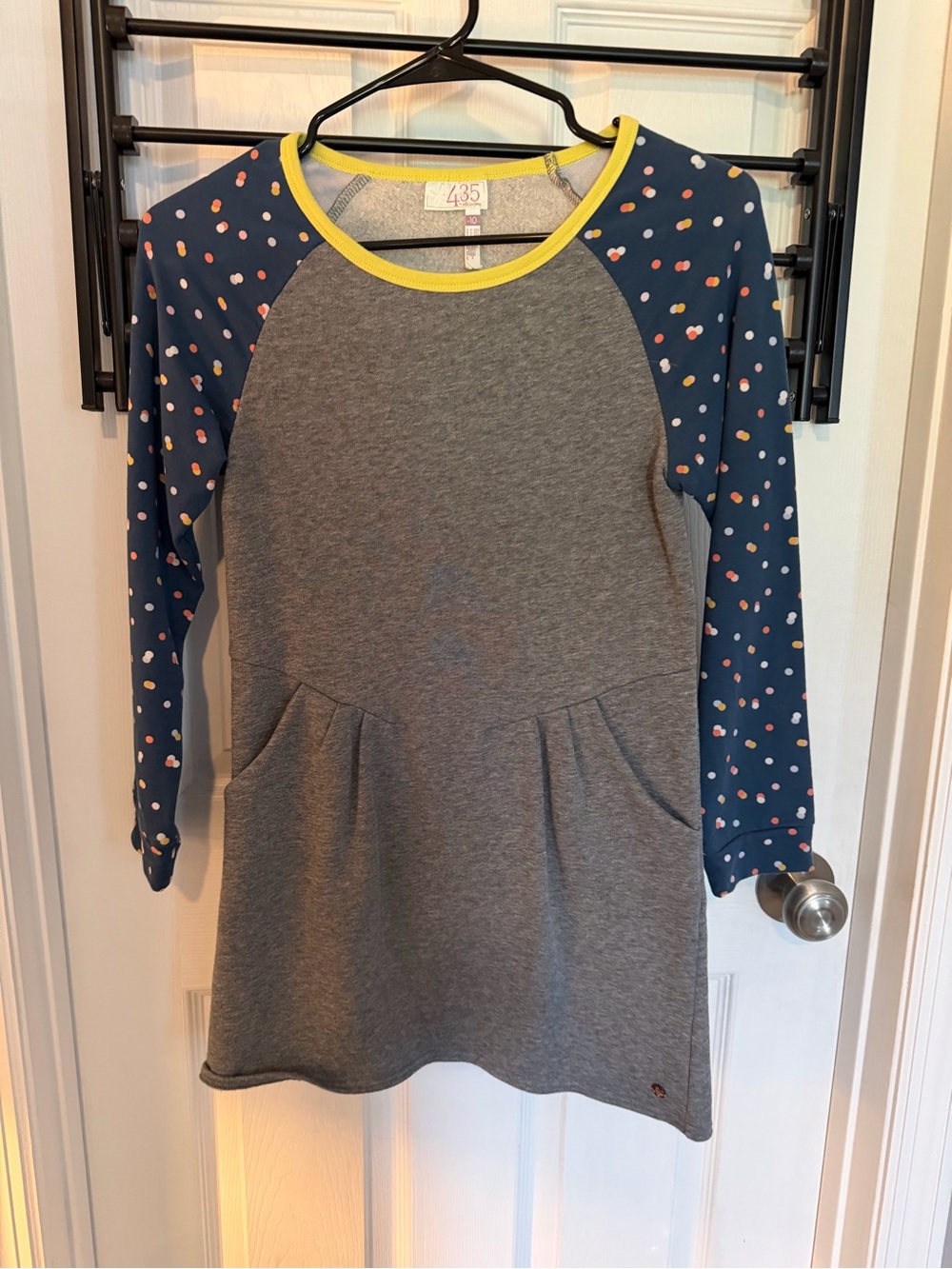 Matilda Jane Gray Dress with Navy Polka Dot Sleeves and Yellow Trim